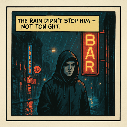 A comic panel styled like a square photo print with a clean white border. Realistic comic art. Scene: A rainy city street at night, neon signs reflecting on wet pavement, Noah stands under a flickering bar sign, hood up, looking uncertain. Narrator box at the top reads: “The rain didn’t stop him — not tonight.”.
In-Game asset.  2d.  High contrast.  No shadows