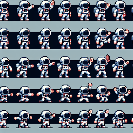 pixelart. A spritesheet containing a number of different views of tiny astronauts in various poses and views, some facing to the sie, some to the front, some with one arme raised, some in midjump, some waving. All with heltmets on. Sprites should be laid out in a rectangular grid with empty space betweem them..
Single Game Texture. In-Game asset. 2d. Blank background. High contrast. No shadows.