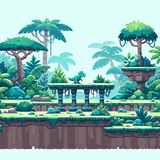 2d platfrom game background with a platform in the middle of the screen all wide resembling a jurassic world.
Single Game Texture.  In-Game asset.  2d.  Blank background.  High contrast.  No shadows