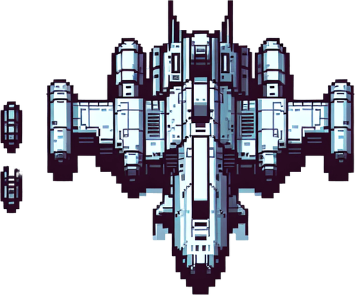 A spaceship, pixelated Single Game Texture. In-Game asset. 2d. Blank background. High contrast. No shadows.