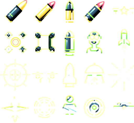 A sprite sheet that has power up icons. Icons include three bullets, a laser beam, a rocket, a drone and a small soldier. Cyberpunk and using neon glow. Green and yellow highlights. 
Single Game Texture. In-Game asset. 2d. Blank background. High contrast. No shadows.