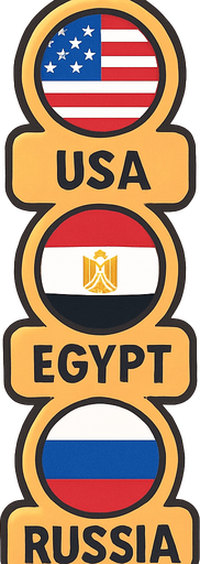 A flat, 2D game UI-style asset showing a vertical set of three country pins labeled: "USA", "Egypt", and "Russia". Each pin includes a circular flag icon above the text label. The layout is columnar, cartoonish, and visually clean. Each pin should be exportable or usable individually for a mobile game's level selection screen..
In-Game asset.  2d.  High contrast.  No shadows