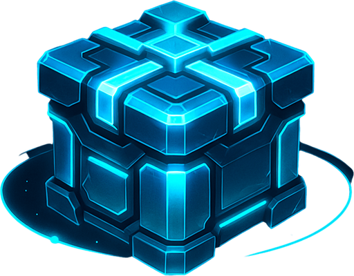 A 2D sci-fi gift box or power-up crate floating in space, with a glowing metallic surface, futuristic design, bright neon blue and silver accents, and a soft pulsing light effect. The box should look valuable and mysterious, slightly levitating with subtle sparkles or energy rings around it. Designed for a top-down space shooter game. Transparent background, digital art, ideal for sprite use..
In-Game asset.  2d.  High contrast.  No shadows