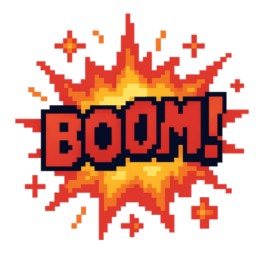 A Boom! explosion, pixel retro style.
In-Game asset.  2d.  High contrast.  No shadows