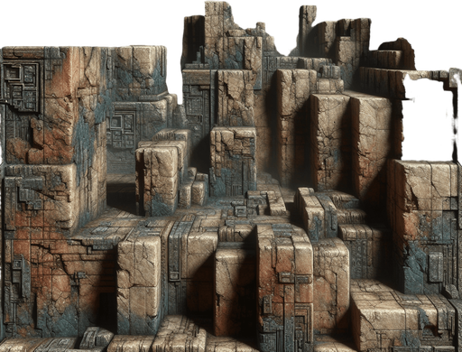 Les murs du labyrinthe sont massifs, faits de pierre vieillie et recouverts de lichens et de mousses qui ajoutent une touche d'humidité et d'abandon. Leur texture est rugueuse, avec des fissures profondes qui laissent deviner l’âge et l’histoire de ce lieu oublié.

    Couleur : La couleur des murs varie, mais elle est dominée par des tons sombres : gris foncé, marron, et parfois des touches d'ocre là où l'humidité a pris ses marques. Ils semblent presque absorbers la lumière de la torche du personnage, rendant l'atmosphère encore plus oppressante. De temps à autre, des éclats métalliques ou des traces de rouille peuvent se deviner sur les bords, suggérant des artefacts oubliés du passé.

    Forme et structure : Les murs ne sont pas droits. Ils sont souvent irréguliers, déformés, avec des angles aigus ou des corners inattendus qui surprennent le joueur et compliquent son déplacement. Certains murs peuvent même être en partie effondrés, créant des passages secrets ou des obstacles qu'i.
Single Game Texture.  In-Game asset.  2d.  Blank background.  High contrast.  No shadows