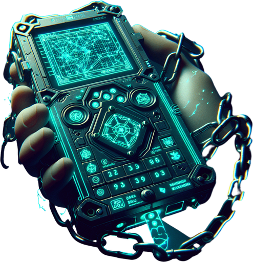 A POV perspective of a retro-futuristic handheld device, its screen glowing softly with greenish-blue digital patterns. The design features a blocky, cyberpunk aesthetic with subtle neon accents along the edges and small, glowing symbols etched into the surface.

Chains around the device are mid-shatter, breaking into faintly glowing fragments that drift away, symbolizing its freedom. The screen flickers with faint digital animations, hinting at its restored functionality without being overly complex. The hand holding the device is faintly lit by the neon glow, with the background melting into a dim, urban cyberpunk haze, emphasizing the sleek yet gritty retro-futuristic vibe..
Single Game Texture. In-Game asset. 2d. Blank background. High contrast. No shadows.