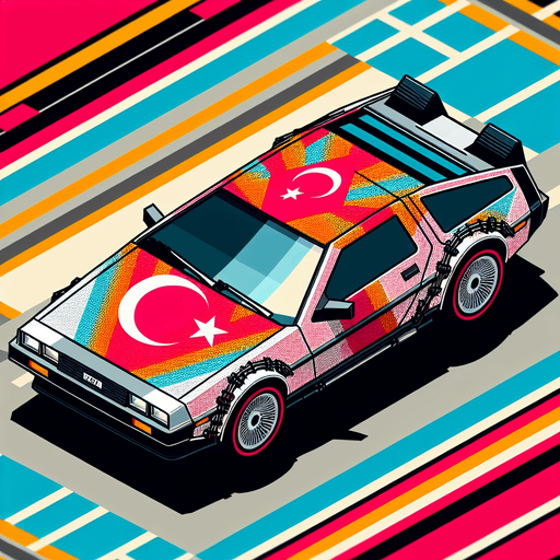 DeLorean car, seen from behind Top down, gta2, Single Game Texture. In-game asset. 2d. Empty background. High contrast. No shadows. isometric. Use modified car with turkish flag..
Single Game Texture. In-Game asset. 2d. Blank background. High contrast. No shadows.