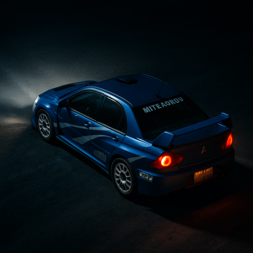 Photorealistic Mitsubishi Lancer Evolution Rallycar in nightlight, drone topview from back and 45 degrees angle in top right corner