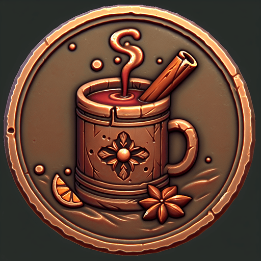 mulled wine coin embossed on it png.
Single Game Texture. In-Game asset. 2d. Blank background. High contrast. No shadows.