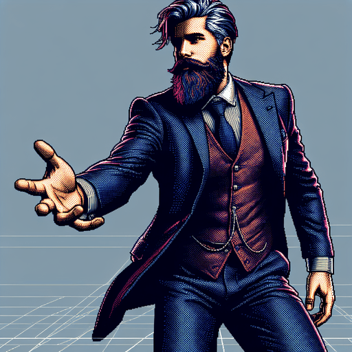 Create a single bearded man in a suit reaching out holding an imaginary weapon, I want him generated in 32 bit graphic style and i want to see his entire body.
Single Game Texture. In-Game asset. 2d. Blank background. High contrast. No shadows.