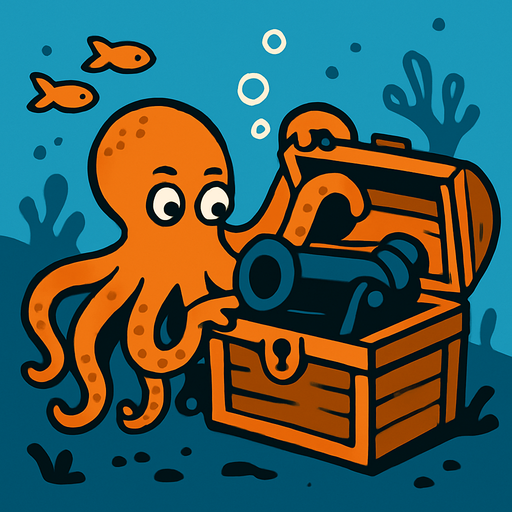 un pulpo naranja abriendo un cofre del tesoro donde encuentra en el fondo marino dentro de ese cofre un cañon nergro donde.
In-Game asset.  2d.  High contrast.  No shadows