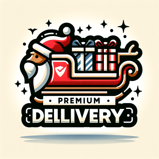Icon for premium christmas delivery, cartoon, with the text: „Premium Delivery“ at top Single Game Texture. In-Game asset. 2d. Blank background. High contrast. No shadows.