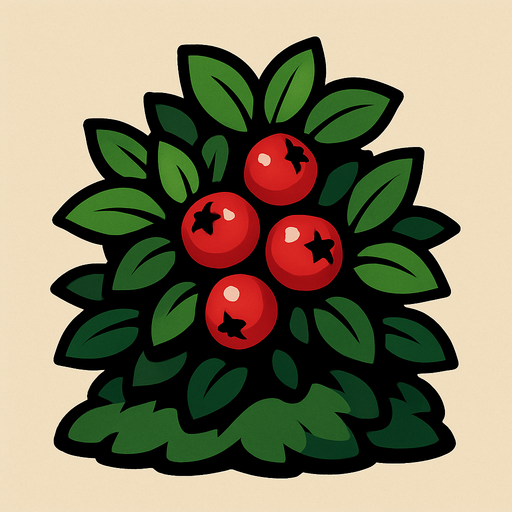 a berry bush with a phew yummy berries on it.
In-Game asset.  2d.  High contrast.  No shadows