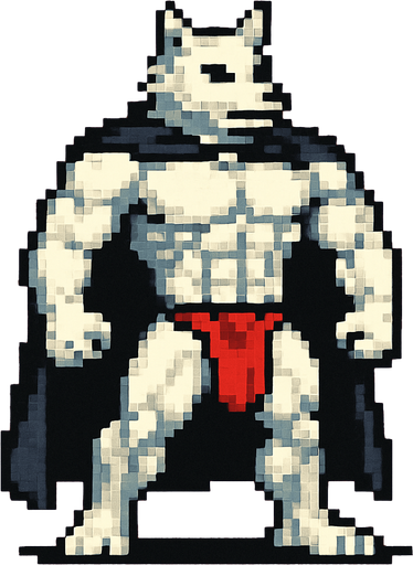Lobo blanco fuerte revelando sus pectorales pero usando una capa y un taparrabos, que se vea todo su cuerpo y pixelado.
In-Game asset.  2d.  High contrast.  No shadows