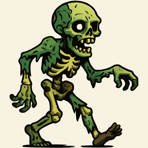 Esqueleto zombi en cuerpo completo caminando.
In-Game asset.  2d.  High contrast.  No shadows