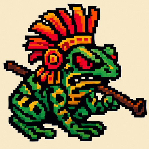 Genérame una Rana de dardo venenosa guerrero azteca con eso patrones, estilo pixelar, con una apariencia maligna, ojos rojos, rabioso. Unidad a distancia, con cerbatana. Animal.
In-Game asset.  2d.  High contrast.  No shadows