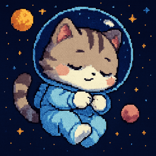 A cute kitten, illustrated in an adorable chibi anime style and wearing an astronaut suit, floats peacefully through outer space, sleeping in the most precious, curled-up position imaginable. Its tiny paws are tucked in close, and its expression is serene. The entire scene is rendered in a charming Pixel Art style.