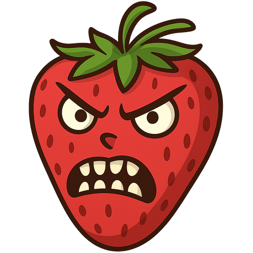 angry strawberry. No background. Transparent background. Blank background. No shadows. 2d. In-Game asset. flat