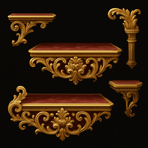 Design elegant, baroque-style 2D game platform with gold trim, carved floral designs, velvet or marble textures. Platform should feel like floating pieces of palace architecture — fancy, surreal, and majestic..
In-Game asset.  2d.  High contrast.  No shadows
