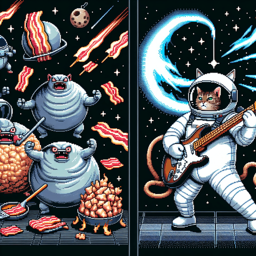Epic clash of intergalactic tubs of lard and  anthropomorphic skillets cooking bacon while brandishing a switchblade knife versus a morbidly obese astronaut cat with a funny expression shooting sonic blasts from the fender Stratocaster being played, cinematic, exciting, 16-bit pixel art.
Single Game Texture. In-Game asset. 2d. Blank background. High contrast. No shadows.