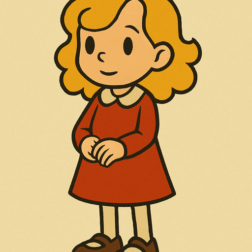 Cute little 7yo girl with blonde curly hair. Professor Layton game style 
In-Game asset.  2d.  High contrast.  No shadows