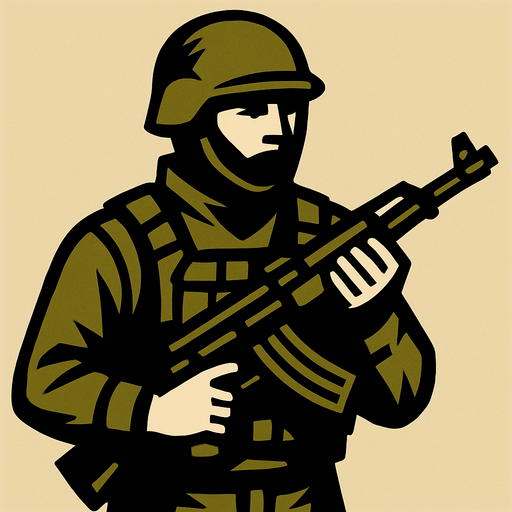 elinde silahı olan bir asker.
In-Game asset.  2d.  High contrast.  No shadows