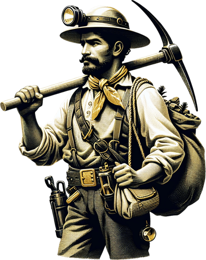 A gold miner.
Single Game Texture. In-Game asset. 2d. Blank background. High contrast. No shadows.