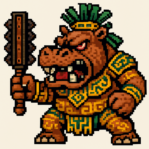 Genérame un hipopotamo guerrero azteca con eso patrones, estilo pixelar, con una apariencia maligna, ojos rojos, rabioso. Unidad cuerpo a cuerpo. Animal..
In-Game asset.  2d.  High contrast.  No shadows
