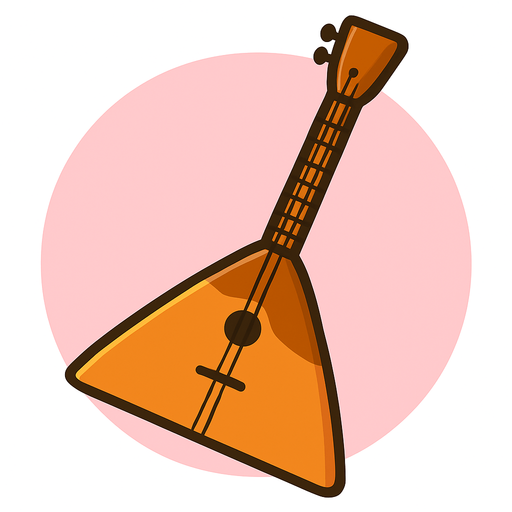 A detailed yet simple 2D illustration of a traditional Russian balalaika. The instrument should have a triangular wooden body, three strings, and a long, narrow neck. Style it in cartoon or flat vector format with soft shadows and bold outlines. Use warm wood tones (orange/brown), and make sure the shape is iconic and easily recognizable. Designed for mobile game use. Export as a transparent PNG, suitable for placing in quizzes or instrument selection scenes.. rounded background with pink
In-Game asset.  2d.  High contrast.  No shadows