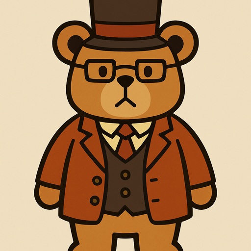 Teddy bear professor Layton game style.
In-Game asset.  2d.  High contrast.  No shadows
