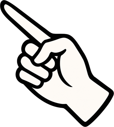 black outline. The back of a hand with a pointing finger pointing to the top-left. Black and white only. Blue background..
In-Game asset.  2d.  High contrast.  No shadows