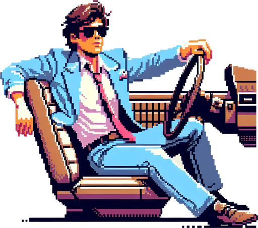 pixel art image of a 30-year-old cool-looking driver guy in a vintage retro 1980s style, depicted in a 3/4 view. The driver should be leaning back casually, exuding confidence and style, with one hand on the wheel as if driving. Single Game Texture. In-Game asset. 2d. Blank background. High contrast. No shadows.