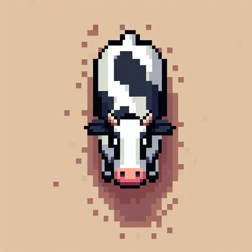 top down view of a pixel art cow.
Single Game Texture.  In-Game asset.  2d.  Blank background.  High contrast.  No shadows