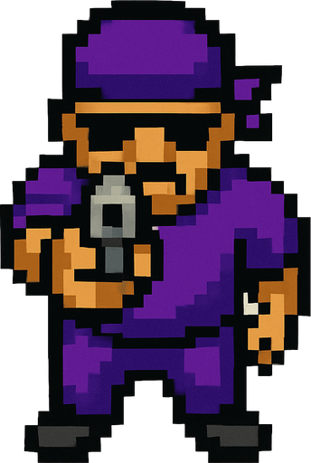 pandillero de morado hecho con pixeles con perspectiva desde arriba visto de frente apuntando hacia enfrente con un arma
In-Game asset.  2d.  High contrast.  No shadows