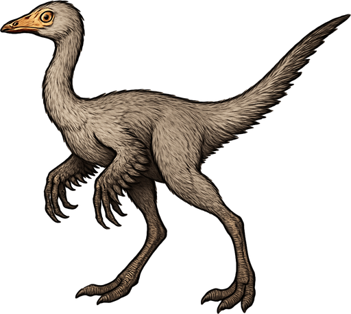 A slender Ornithomimus dinosaur covered with fine, light gray and brown feathers. It has longer, quill-like feathers on its arms and tail, and softer downy feathers on its body. The head is small and narrow with large, bright eyes and a beak-like mouth. Its long legs are built for speed, ending in sharp claws. The feathers have a natural texture, giving the dinosaur a bird-like, agile appearance..
In-Game asset.  2d.  High contrast.  No shadows