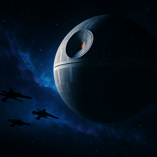 A cinematic sci-fi background set in deep space, featuring the iconic Death Star looming in the distance with dramatic lighting. The foreground includes distant Rebel or Imperial starfighters flying across the stars, with a nebula glowing behind them in shades of blue, purple, and black. The Death Star is partially in shadow, with visible surface details like trenches and superlaser dish glowing faintly. Stars and cosmic dust fill the background, adding depth and realism. The mood is epic and mysterious, perfect for a Star Wars-themed environment. 4K resolution, widescreen layout, concept art style, high detail, suitable as a desktop or game background..
In-Game asset.  2d.  High contrast.  No shadows