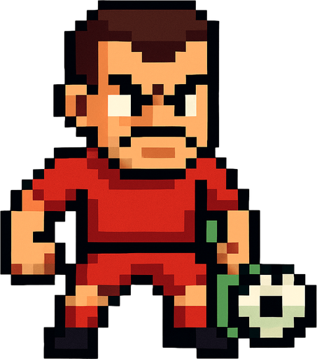 angry lookin red suit pixelart soccer player.
In-Game asset.  2d.  High contrast.  No shadows