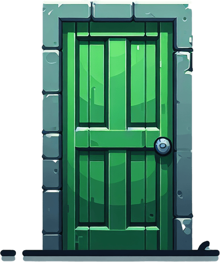 a green door.
Single Game Texture. In-Game asset. 2d. Blank background. High contrast. No shadows.
