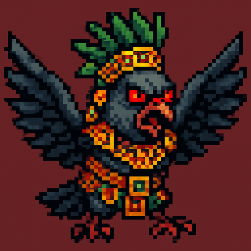 Genérame una paloma guerrero azteca con eso patrones, estilo pixelar, con una apariencia maligna, ojos rojos, rabioso. Unidad aerea con alas. Animal.
In-Game asset.  2d.  High contrast.  No shadows