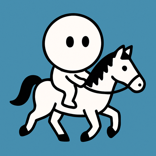 White simple circular enemy seen from above, black outline. Black eyes, on a white horse. Black and white only. Blue background.