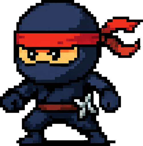 El ninja debe ser un personaje compacto y ágil en estilo pixel art, con un traje negro o azul oscuro que cubra todo su cuerpo excepto los ojos, los cuales deben ser expresivos y ligeramente entrecerrados para mostrar concentración o determinación; puede tener una banda o pañuelo rojo atado en la frente que se extienda hacia atrás con movimiento, y detalles mínimos como cinturón, guantes o pequeñas armas visibles como una estrella ninja al costado; el diseño debe ser simple pero dinámico, con animación sutil de respiración o movimiento de tela, y fondo transparente, ideal para integrarse en un juego de acción o reflejos con estética caricaturesca o retro..
In-Game asset.  2d.  High contrast.  No shadows