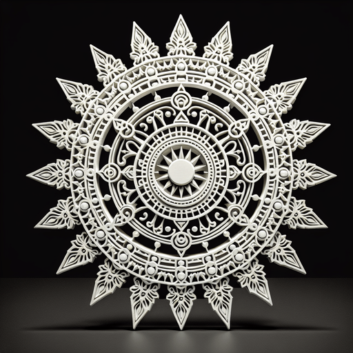 plain white intricate sun icon. black background