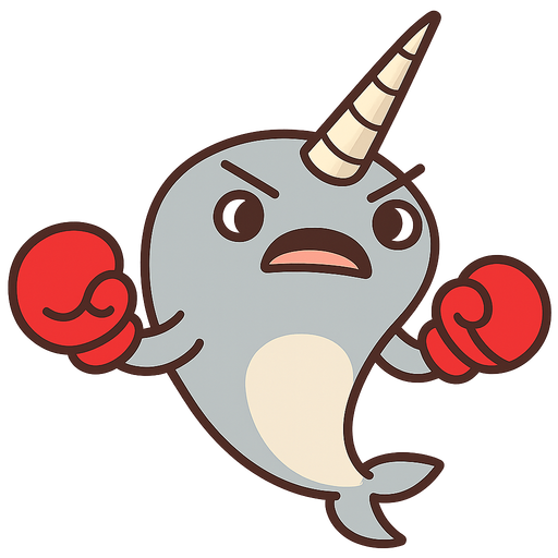 dumb angry narwhal with boxing gloves. No background. Transparent background. Blank background. No shadows. 2d. In-Game asset. flat