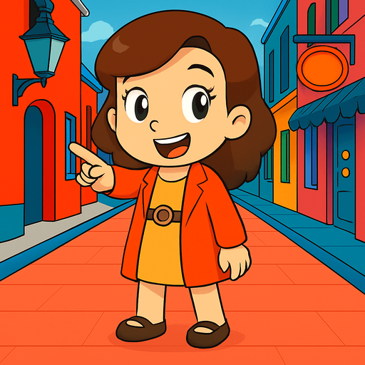 Make her point forward with her right hand and she has a happy look on her face