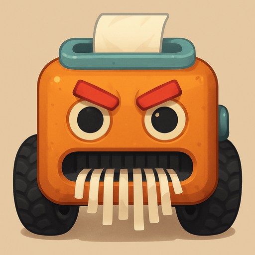 An aggressive mobile paper shredder robot. Viewed from a straight angle right in front. Cute soft graphics. soft ambient light. semi-matte to satin surfaces. naturalistic with slight saturation boost colors. 
In-Game asset.  2d.  High contrast.  No shadows. top down.