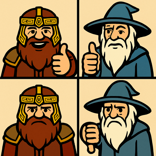 Divide the screen by 4. Every 4 frames, there is characters. Left side 2 frames, there is Gimli and Gandalf. They are smiling and one hand make thumb up. Right side 2 frames same Gimli and Gandalf here but they are sad and one hand make thumb down. In-Game asset. 2d. High contrast. No shadows.
In-Game asset.  2d.  High contrast.  No shadows