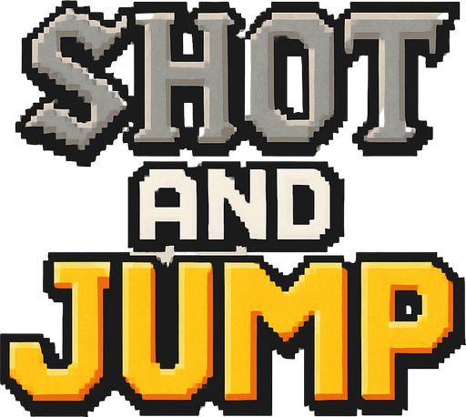 letras hechas con pixeles que dicen shot and jump las letras shot tendran un estilo medieval y tendran un color gris,las letras and color blanco con contorno negro y las letras jump de color amarillo con contorno naranja