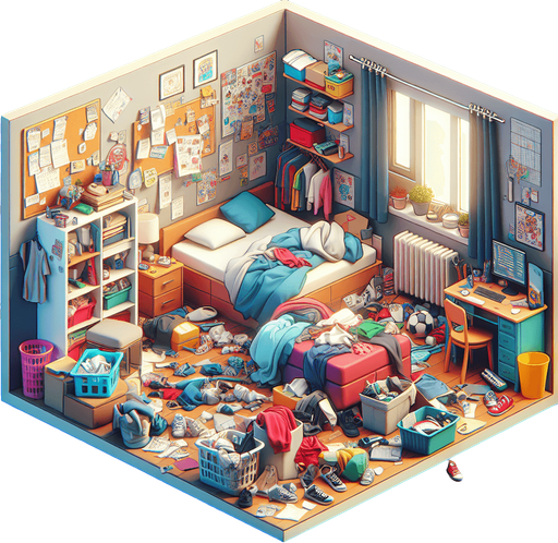 dağınık bir yatak odası, odanın içinden görünüm 3d renkli, çizgi film