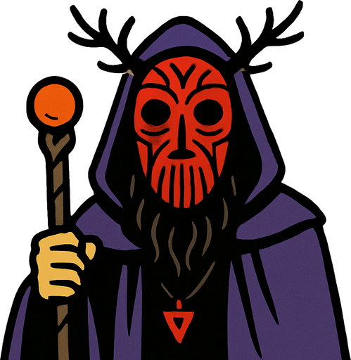 Mor perelinli bir büyücü yüzünde bir pagan maskesi var.
In-Game asset.  2d.  High contrast.  No shadows