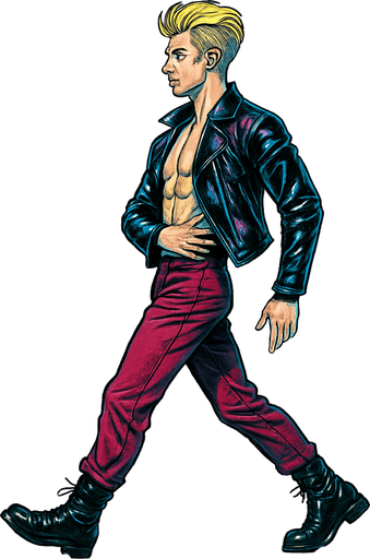 Swishy graceful man Cyberpunk manga, camera-facing arm bent In fro t of body, side profile view walking animation, shiny black leather biker jacket longsleeves shirtless Skinny abs blonde undercut pompadour guy, action shot wine red joggers combat boots, Background removed, "Full-body character, entirely in frame, no cropping of face, head, or feet" "Complete character visible, from head to toe, fully centered in the image" "Entire character, including hair and boots, fully within the frame" Character fully contained within a square frame, no edges cut off fashion model walking pose Style of vogue magazine